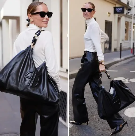 Anine Bing Kate Embossed Large Black Lamb Leather Boho Shoulder Tote - Picture 4 of 15